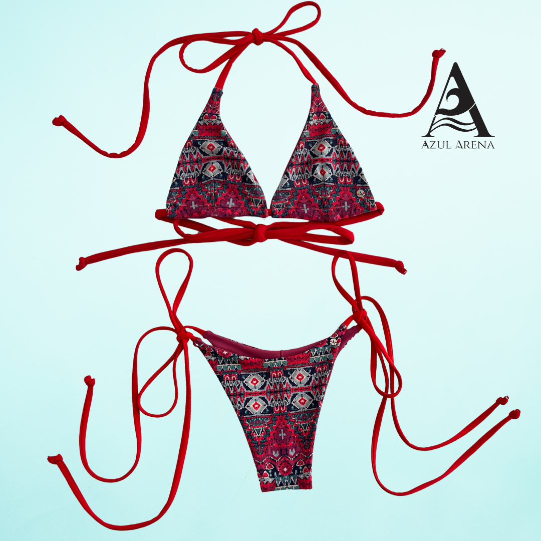 BIKINI TRIBAL ROJO, BOTTOM CORTE TANGA AJUSTABLE