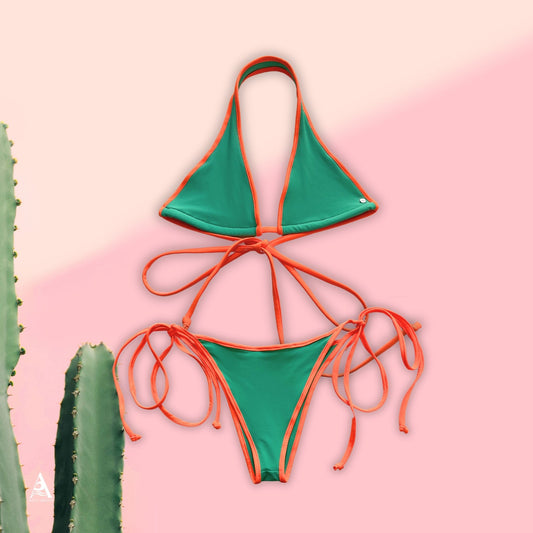TRIANGLE SNAKE MIAMI, BIKINI COLOR TURQUESA, CON BIES NEÓN NARANJA