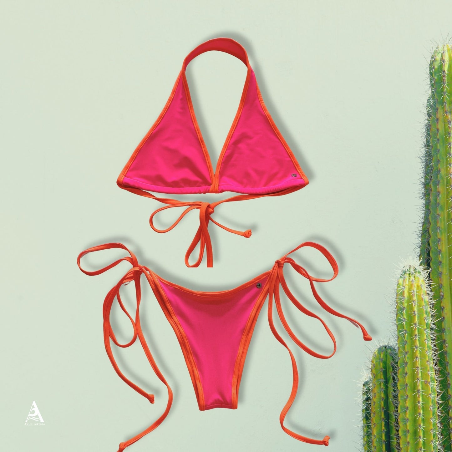 TRIANGLE SNAKE SUNSET, BIKINI COLOR ROSA NEÓN CON BIES NARANJA NEÓN